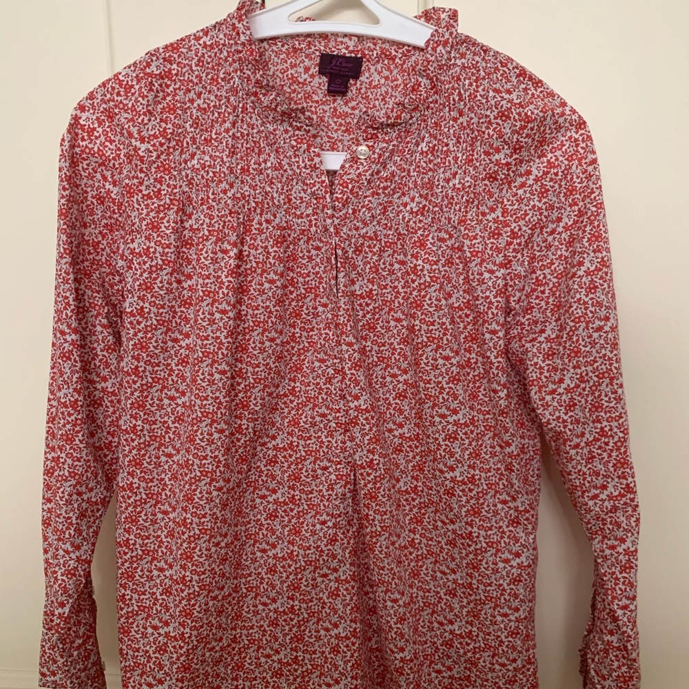 J Crew Liberty print  ruffle-neck shirt